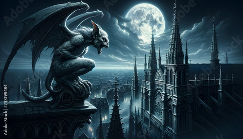 illustration of mythological gargoyles perched atop a Gothic cathedral during a moonlit night