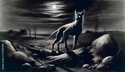 illustration of the mythological creature, the Chupacabra, in a mysterious and desolate landscape