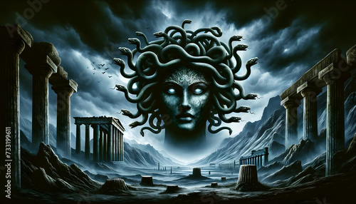 illustration of the mythological creature, the Gorgon, in a dramatic and ancient Greek setting
