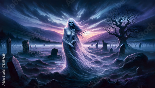 illustration of the mythological creature, the Banshee, in a haunting Irish landscape at twilight
