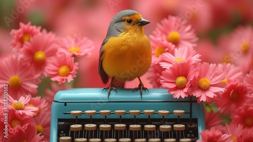 Ptak siedzący na maszynie do pisania w otoczeniu różowych kwiatów