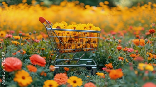Koszyk zakupowy pełen żółtych i czerwonych kwiatów