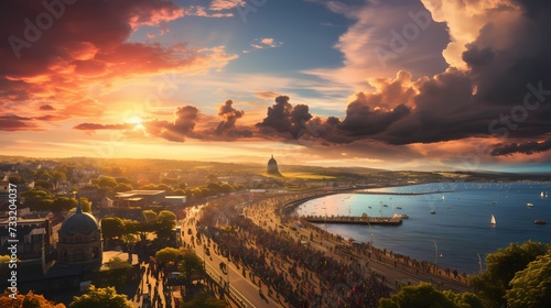 A top view of a vibrant rainbow arching over a lively music festival, with fluffy clouds and energetic crowds, capturing the excitement and energy of live performances