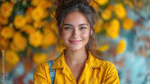 Dziewczyna w żółtej koszulce przed żółtymi kwiatami