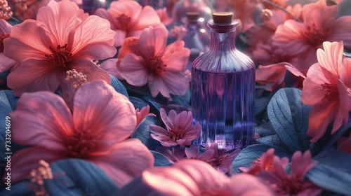 Niebieska butelka perfum otoczona różowymi kwiatami urody