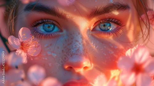 Kobieta z niebieskimi oczami i kwiatami we włosach