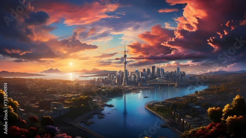 A top view of a vibrant rainbow stretching over a bustling cityscape, with fluffy clouds contrasting against the urban skyline, creating a captivating and colorful panorama