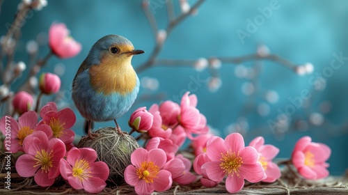 Ptak siedzący na górze gniazda otoczonego różowymi kwiatami. W tle bazie wierzbowe
