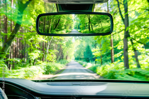 View from inside a car of a road in the forest, the rear view mirror shows the reflection of the road between trees.