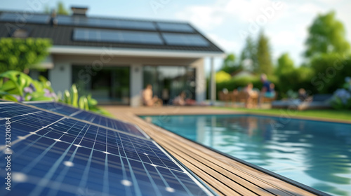Modern solar powered swimming pool pump with visible solar panels and wooden deck