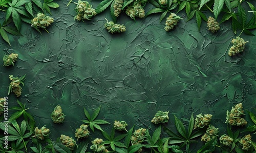 Overhead flat lay of dried cannabis marijuana buds on a matte dark green background, generative ai