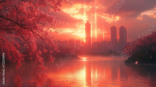 Słońce zachodzi nad jeziorem z drzewami na pierwszym planie. W tle widać wieżowce i abstrakcyjną wiązkę lasera lecącą w kosmos