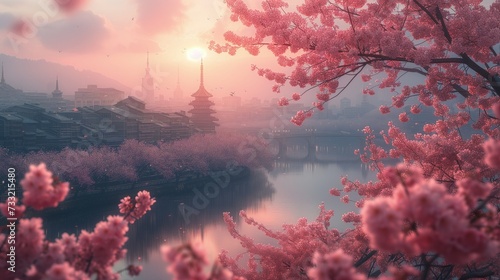 Ramka z różowych kwiatów drzewa, a w tle azjatycka architektura.