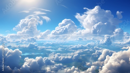 A top view of fluffy white clouds against a vibrant blue sky, creating a serene and peaceful atmosphere