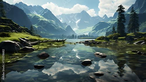 A tranquil lake surrounded by lush green mountains, reflecting the serene beauty of nature