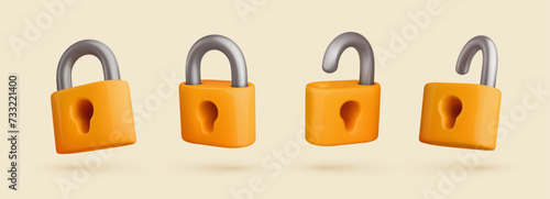 Yellow cartoon padlocks set 3d vector illustration. Locked and unlocked isolated locks with keyhole collection on white background