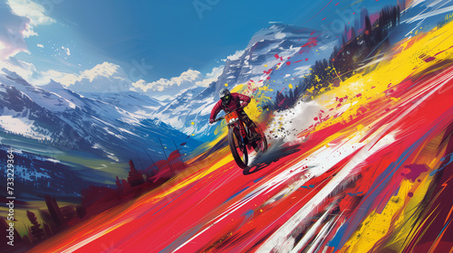Dynamic mountain biking illustration with vibrant splash effects and energetic composition