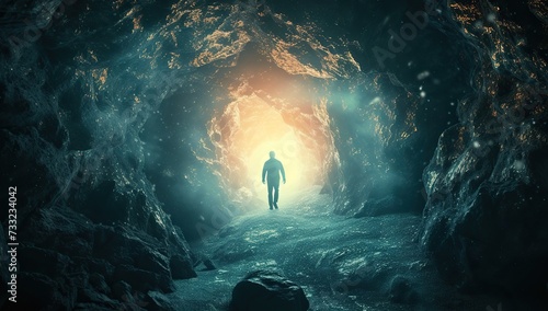 Silhouette of a person in a cave, light at the end of the tunnel. Concept of hope and exploration.