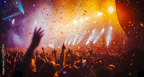 music lovers throw confetti a the stage at a concert