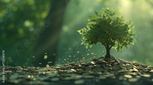 Conceptual representation of financial growth with tree sprouting from a pile of coins