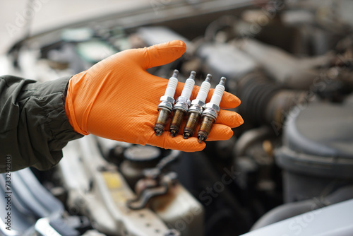 Close up mechanic hand hold old spark plug, spare part of car engine. Concept, machine maintenance, fix, repair, check or diagnose automobile problems by engine specialist. 