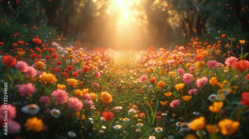 Pole kwiatów ze słońcem świecącym przez drzewa