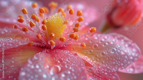 Różowy kwiat z kroplami wody i żółtym pyłkiem