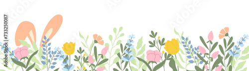 Handdrawn banner with spring flowers and bunny ears. Illustration in pastel colors.