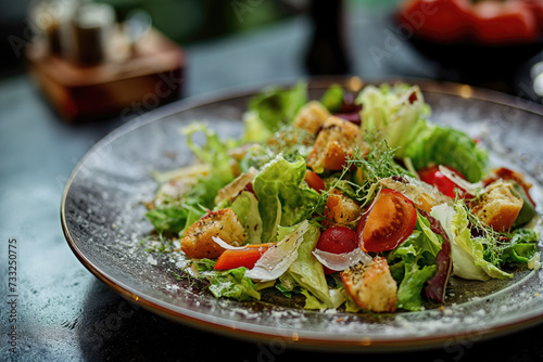 Vegetarian ceasar salad with meat free chicken pieces, croutons, cherry tomatoes and lettuce