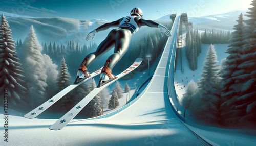 The image is a dynamic illustration of a ski jumper mid-flight during a ski jumping event, with a snowy mountain landscape and ski tracks in the background.Sport concept.AI generated.