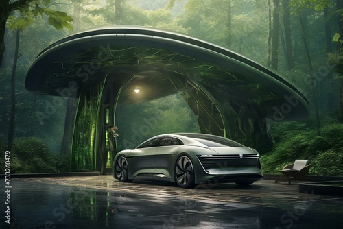 Eco-friendly electric car refueling station in a lush forest, promoting emission-free green energy. Generative AI