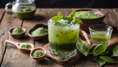 A glass of green drink with mint leaves and a spoon of green powder