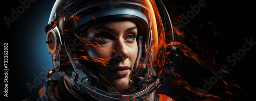 Portrait of a beautiful young woman in an astronaut helmet. Cosmonautics