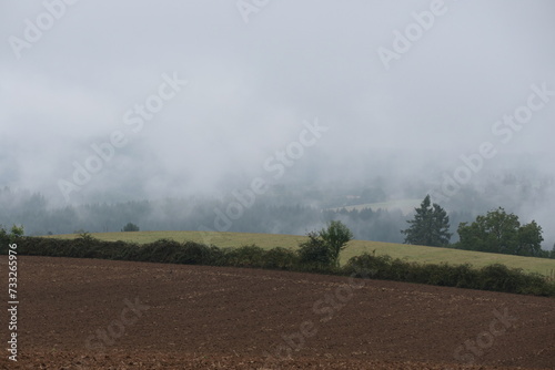 On a misty summer morning, rolling hills and agricultural fields are blanketed in a gentle haze, creating a serene and atmospheric landscape.