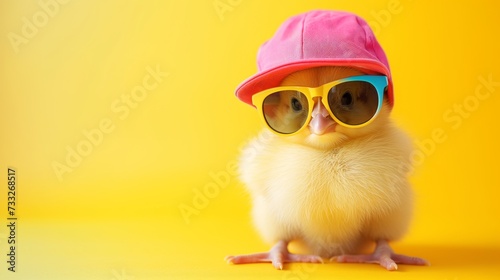 cute young fluffy Easter chick baby with cap and sunglasses