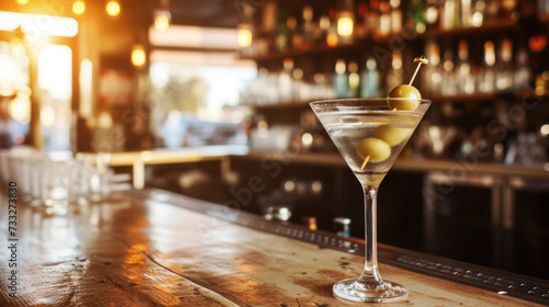 Martini cocktail on bar counter, sunset light
