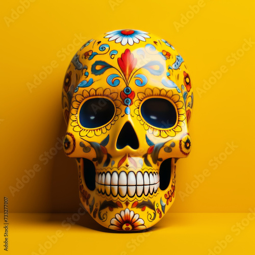 Mexican porcelain Calavera on yellow background. Dead day did de los muertos festive concept, copy space