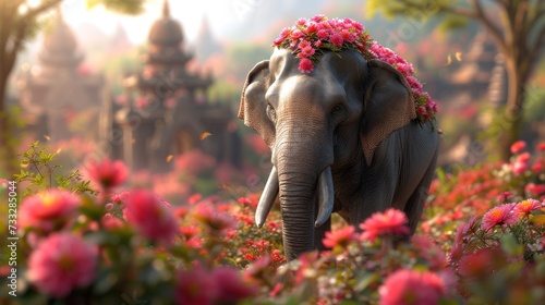 an elephant with a wreath of flowers on its head walking through a field of flowers with pagodas in the background.