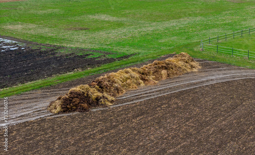 Pile of manure in a wet field in winter with puddles