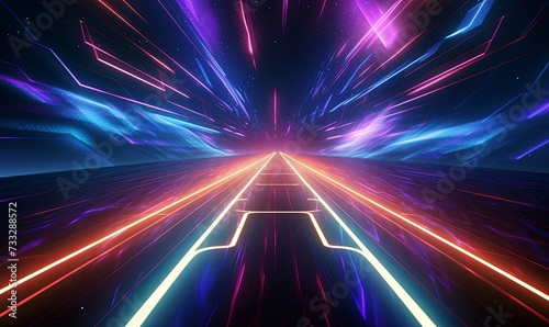 Neon racing virtual track in multiverse background. Cyber blank glowing 3d hyperjump with laser code and lines for dynamic competition and movement