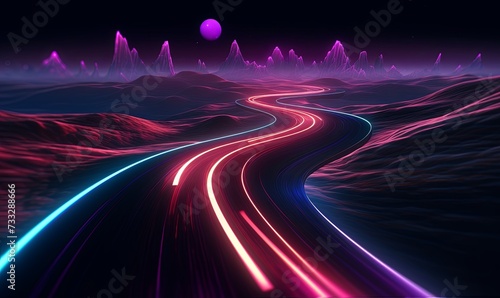 Winding neon digital highway with turn background. Twisting track lines with 3d purple and energy cyberpunk hills and clouds with synthwave energy flows