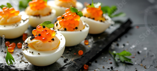 Deviled eggs topped with bright orange caviar and black truffle on a dark slate, with green leaf garnish