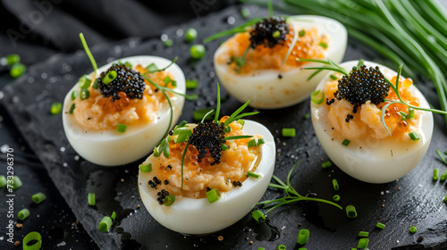 Deviled eggs with a twist of caviar and chive garnish on a textured black backdrop, ideal for gourmet cuisine