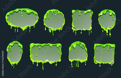 Green slime goo flows frames with different shapes. Mucus fluid cartoon style concept. Vector graphic design illustration