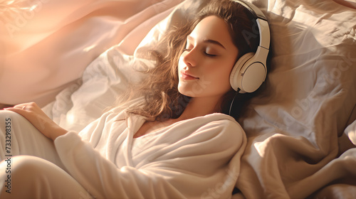 Frau mit Kopfhörern liegt eingekuschelt im Bett und hört Musik / Podcast