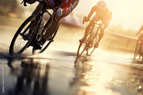 Cyclist in competition. The cyclist pedals intensely on a rain-wet track. Sunset cycling race concept