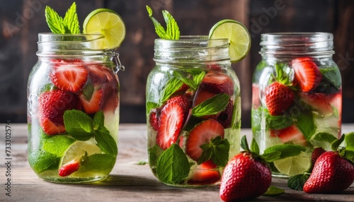 Three jars of strawberry lemonade with fresh mint and lime