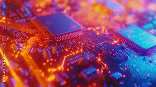 Close-up view of a circuit board in orange and blue, with glowing paths and embedded code elements highlighting technological innovation and connectivity.