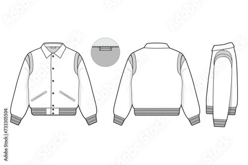 varsity letterman jacket button collared flat technical drawing illustration mock-up template for design and tech packs men or unisex fashion CAD streetwear women workwear utility