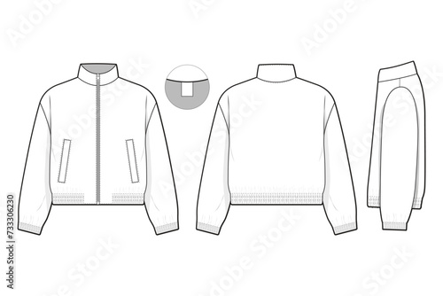 cropped zip windbreaker jacket flat technical drawing illustration mock-up template for design and tech packs men or unisex fashion CAD streetwear women workwear utility